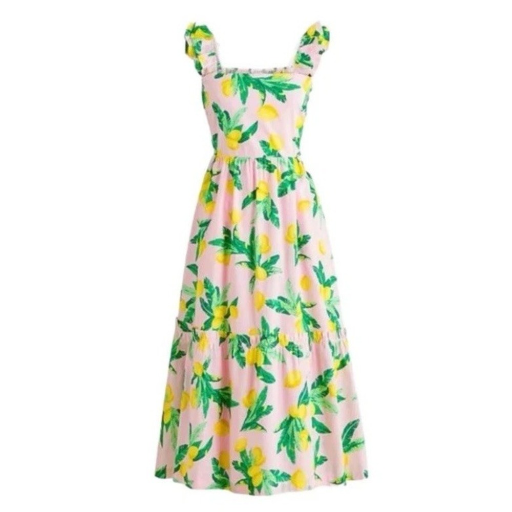 J Crew Factory Lemon Ruffle Tiered Midi Dress Women's Size 6 100% Cotton